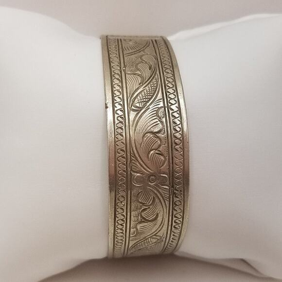 Vintage Silver Embossed Cuff Bracelet, 6 3/8 Length, 3/4 Width, Non-Magnetic - Picture 1 of 5